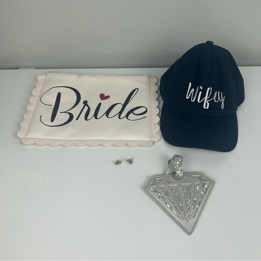 Bride, Mrs, wifey gift bundle of clutch, hat, luggage tag and earrings
